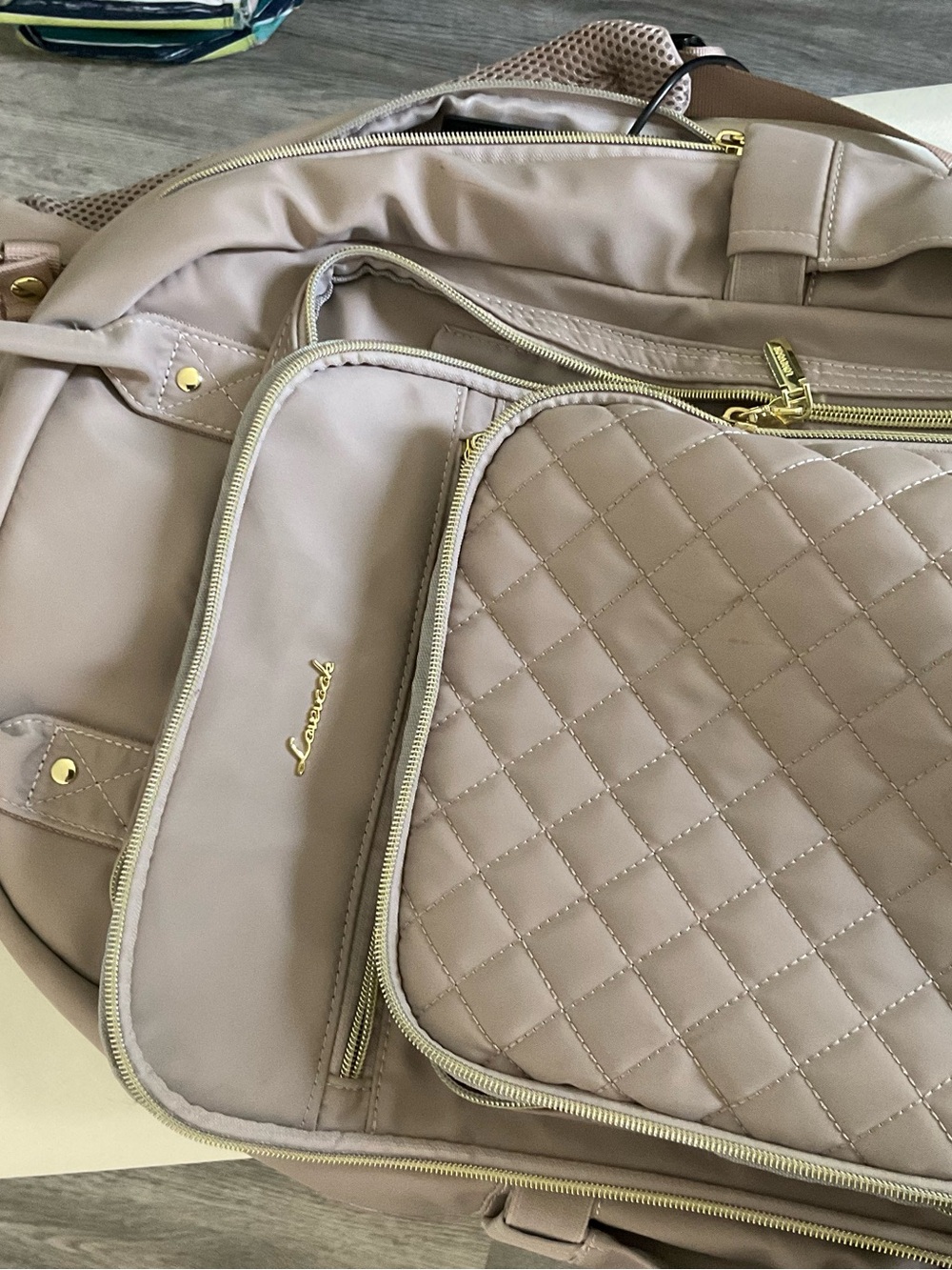 Lovenook Craft Quilted Taupe Travel Tote with Gold Hardware